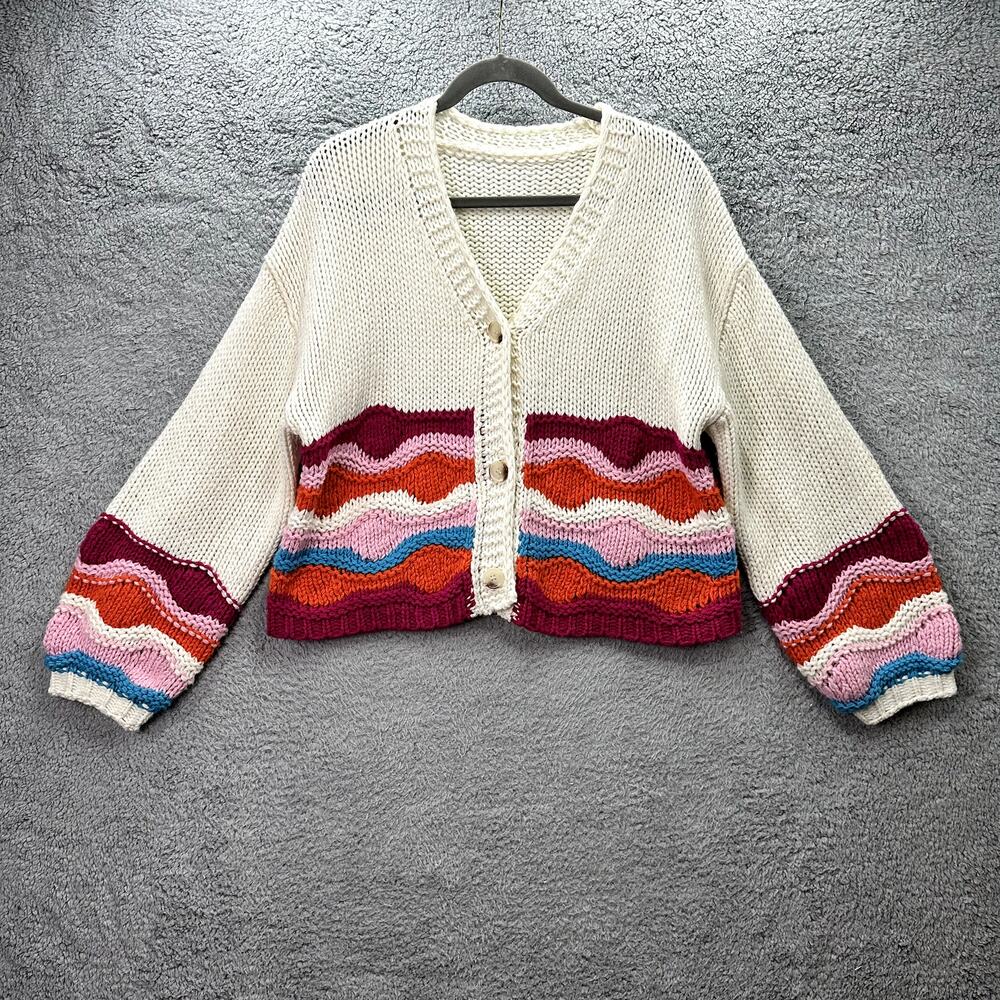 Cider Women's Large Knit Cardigan Bright Color Pattern Boho‎ Crop Comfort EUC